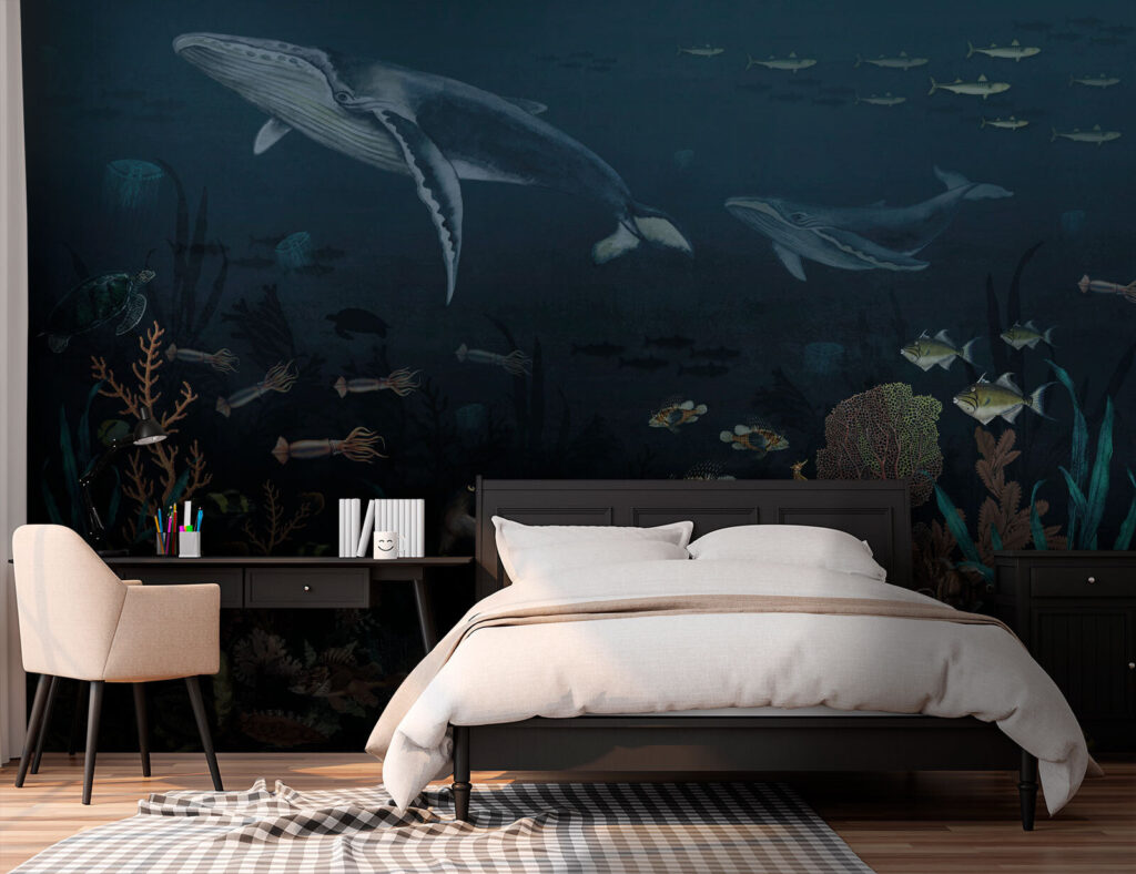 Whales above dark corals — interior 2