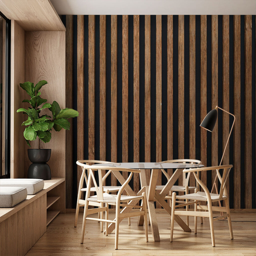 Wooden slats, dark joints — interior 3