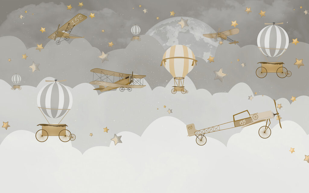 Balloons above grey clouds — full design