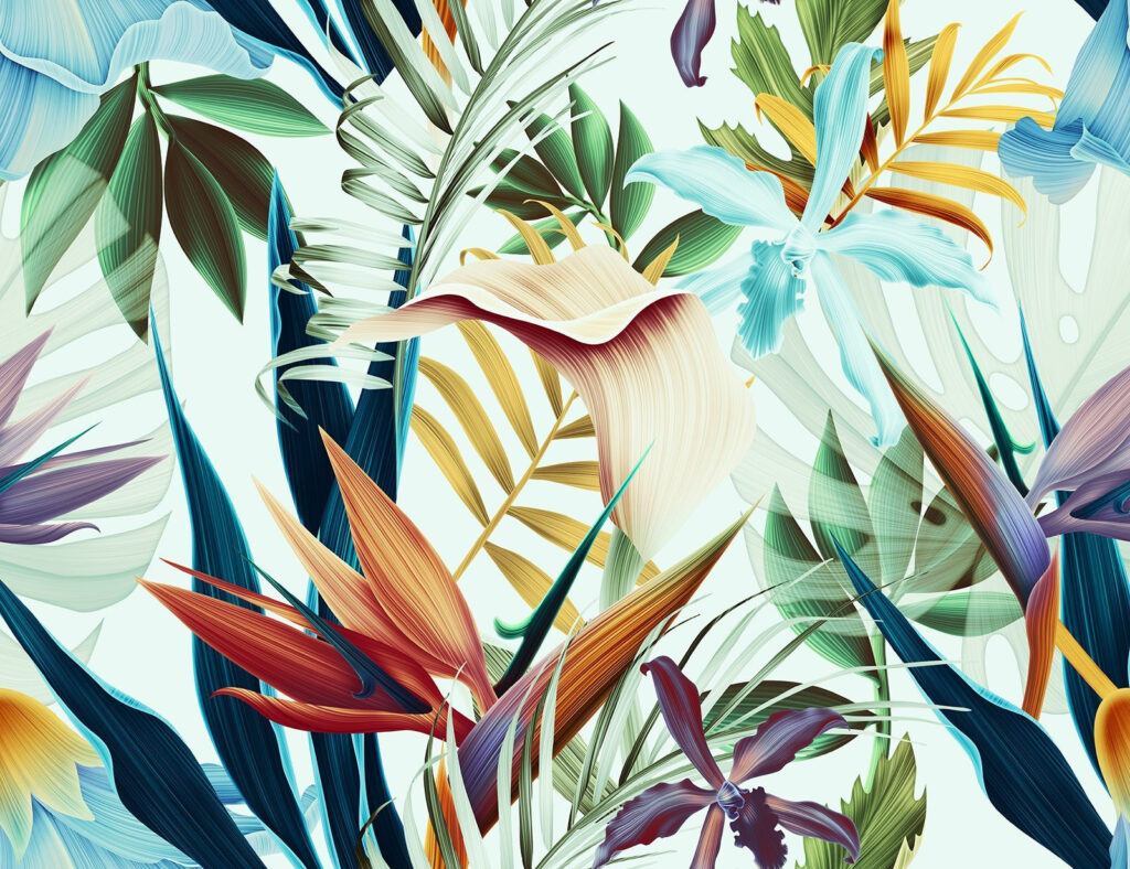 Paradise flowers, blue leaves — full design
