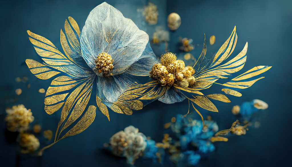 Blue flower, gold twigs — full design