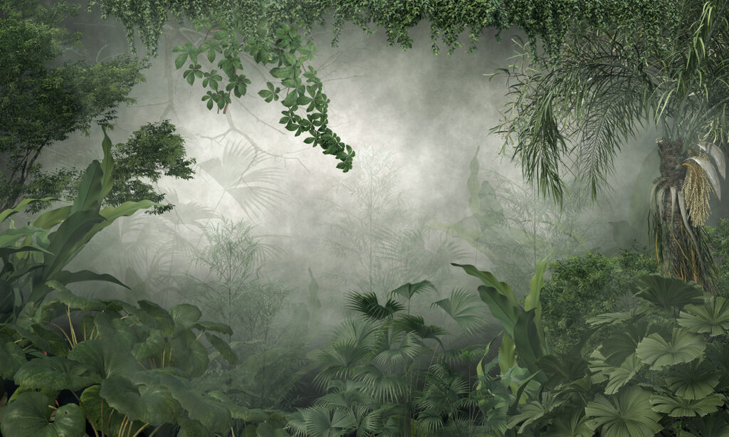 Green jungle in mist — full design