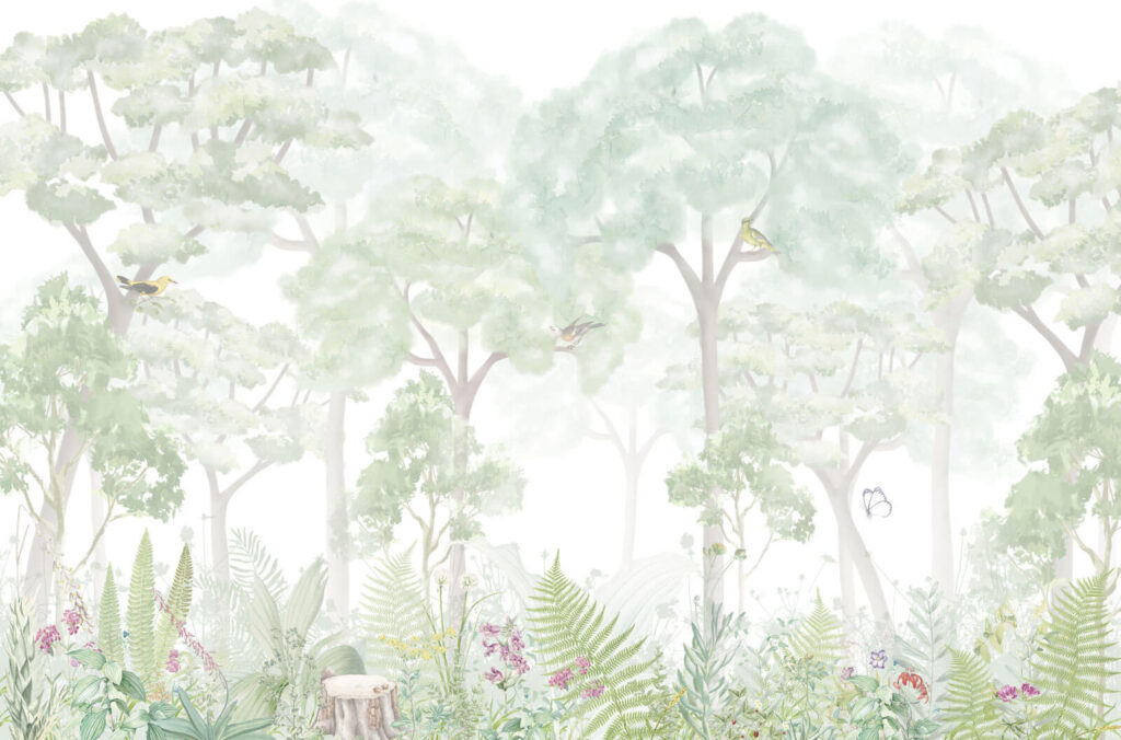 Pale trees over wildflowers — full design