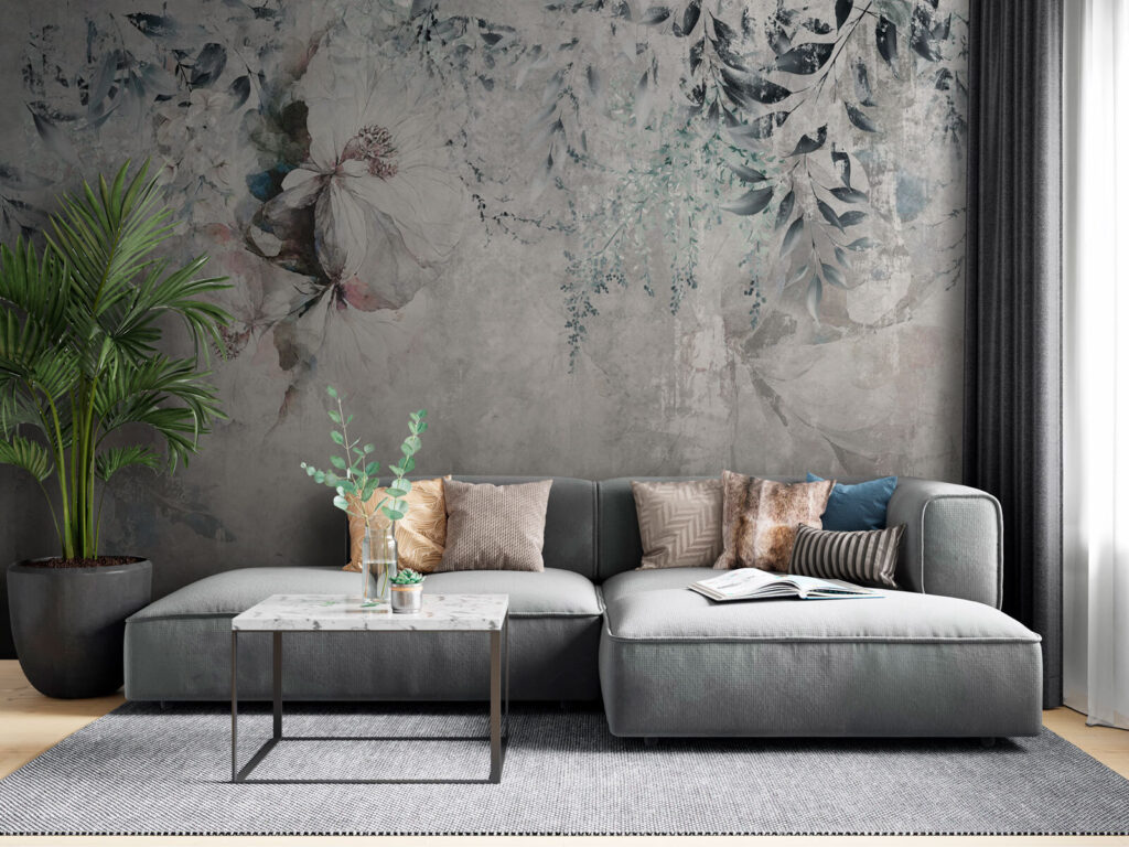 Hanging flowers on grey — interior 1
