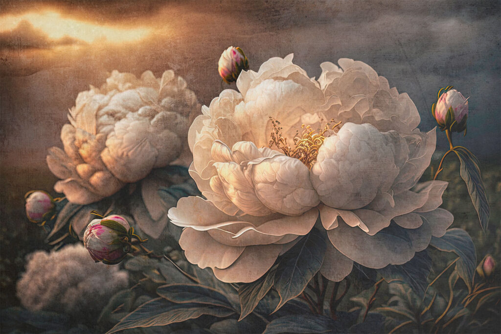 Peonies under dusky clouds — full design