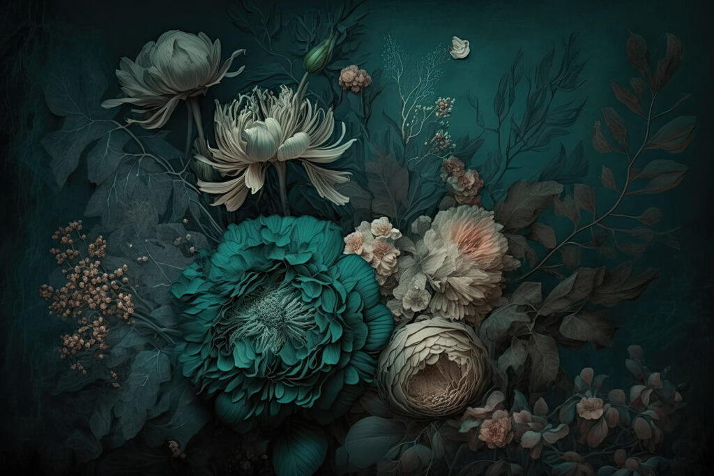Turquoise peony in shadow — full design