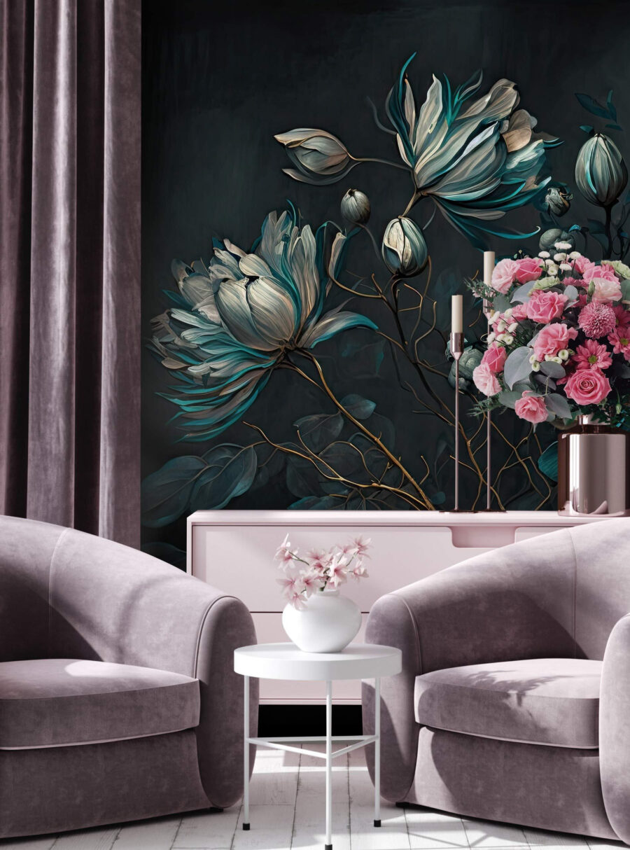 Turquoise flowers on stems — interior 2