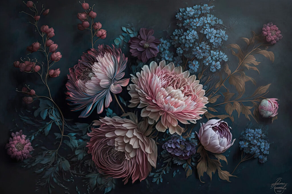 Dusty pink chrysanthemums — full design