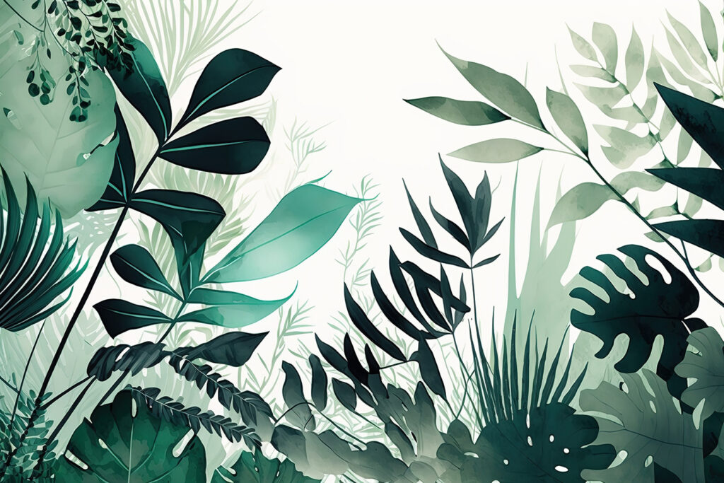 Leaf silhouettes around light — full design