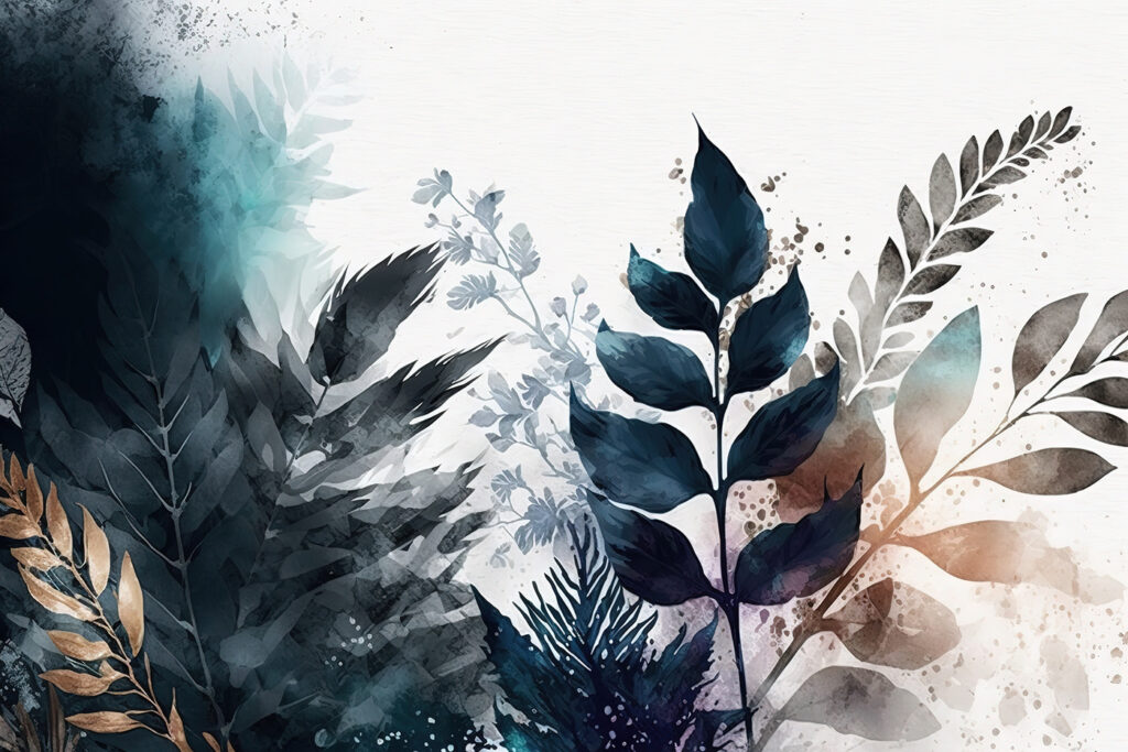 Blue watercolour leaf branches — full design