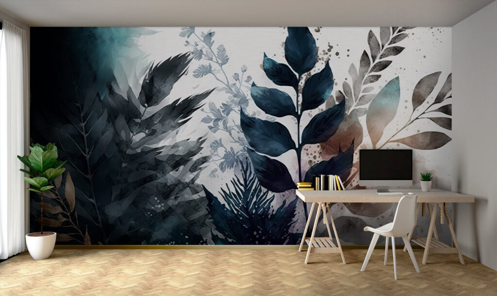 Blue watercolour leaf branches — interior 3