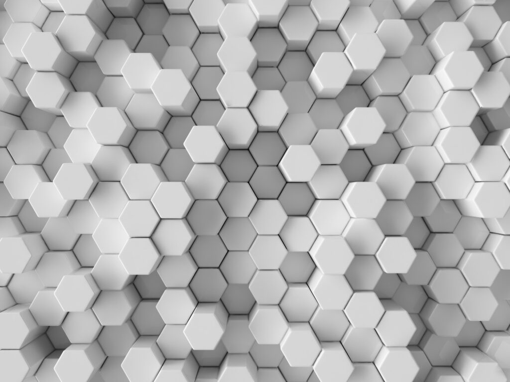 White hexagons with depth — full design