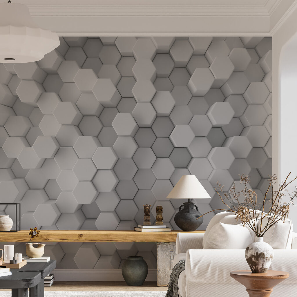 White hexagons with depth — interior 2
