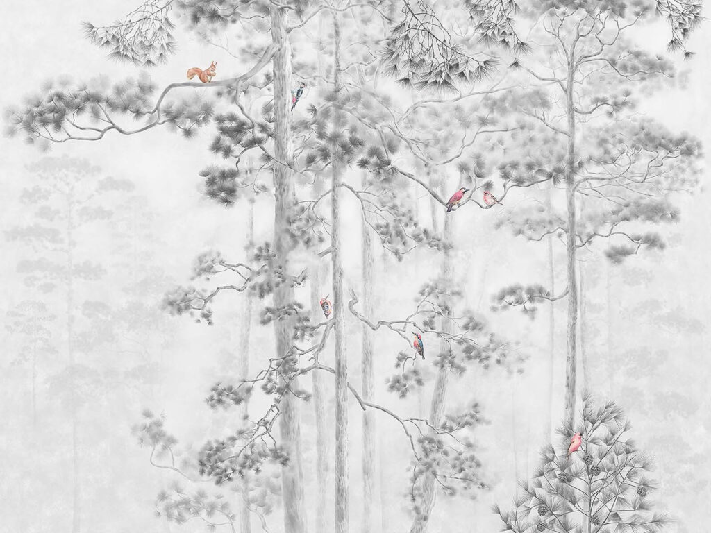 Birds among pine trees — full design