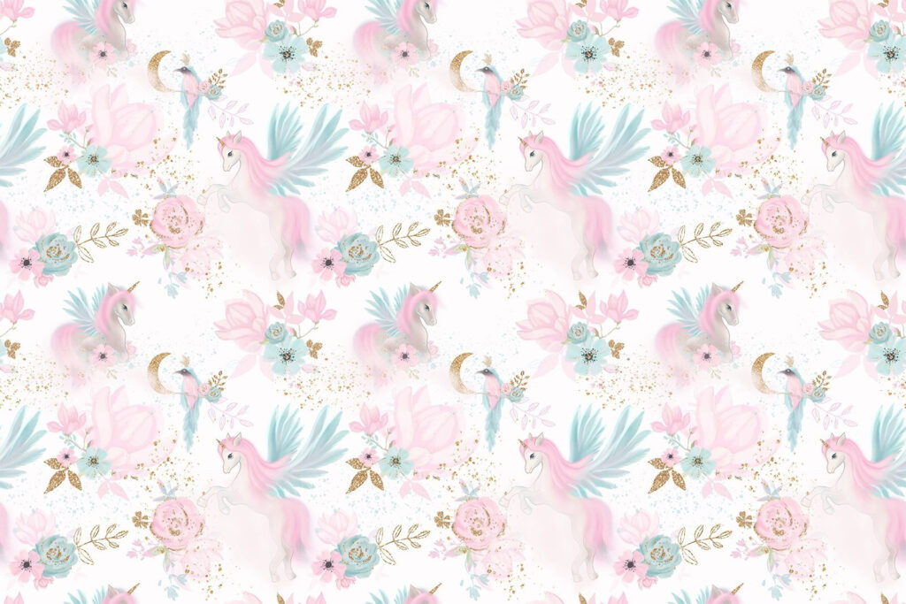 Unicorns among pastel flowers — full design