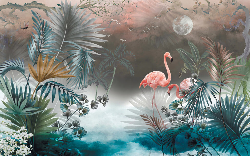 Flamingos by moonlit water — full design