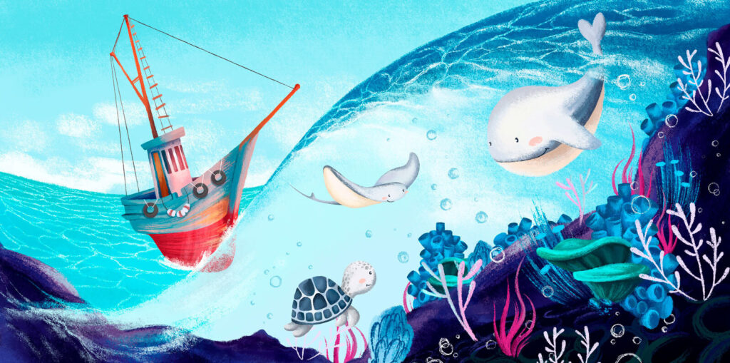 Boat and sea friends — full design