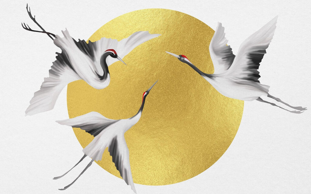 White cranes, gold circle — full design