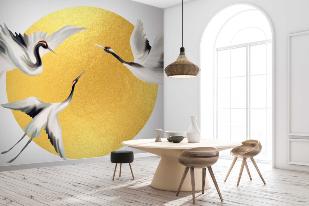 White cranes, gold circle — interior 1