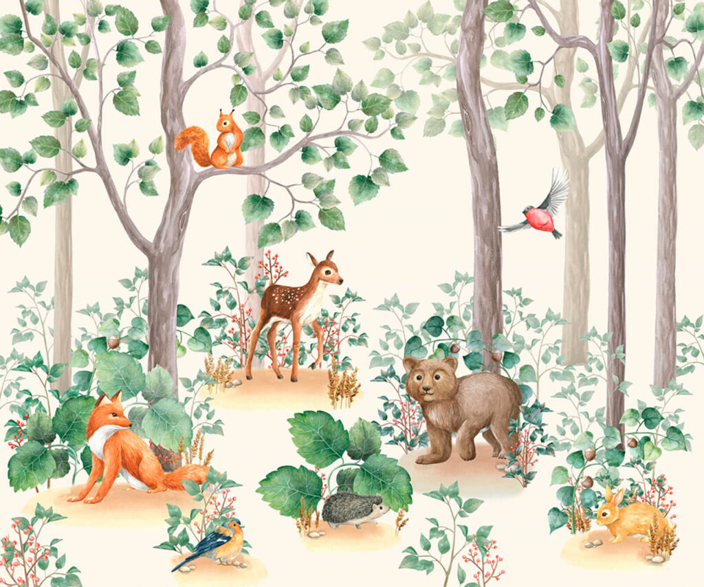 Woodland animals among trunks — full design