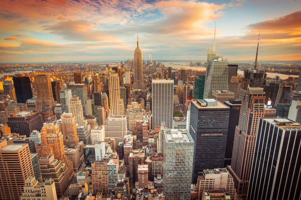 Cityscape in evening light — full design