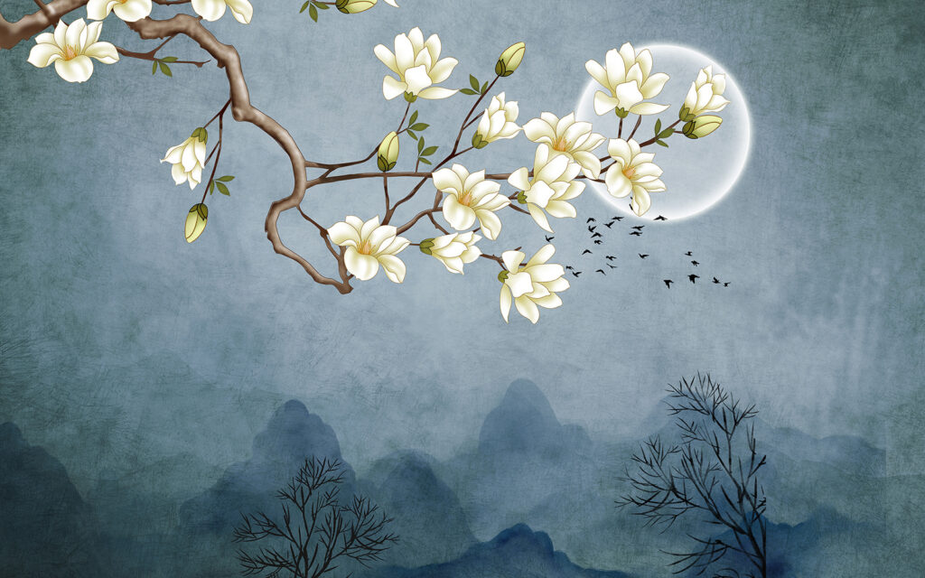 White blossom, mountain moon — full design