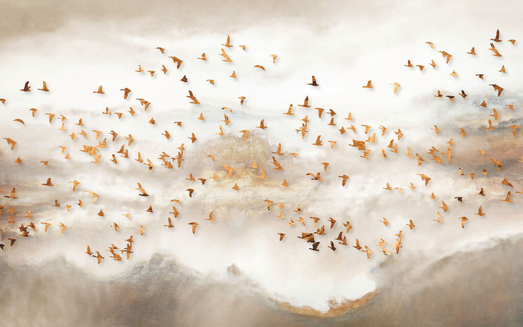 Golden birds over mist — full design