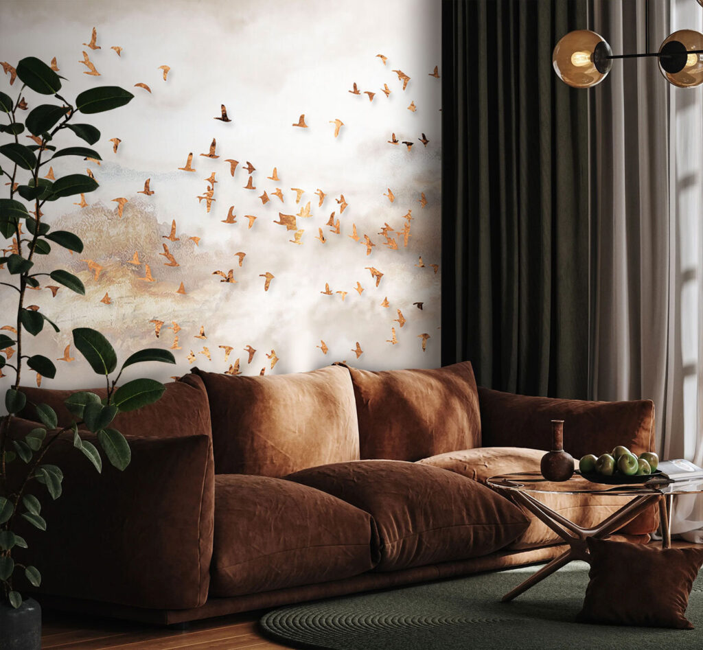 Golden birds over mist — interior 2