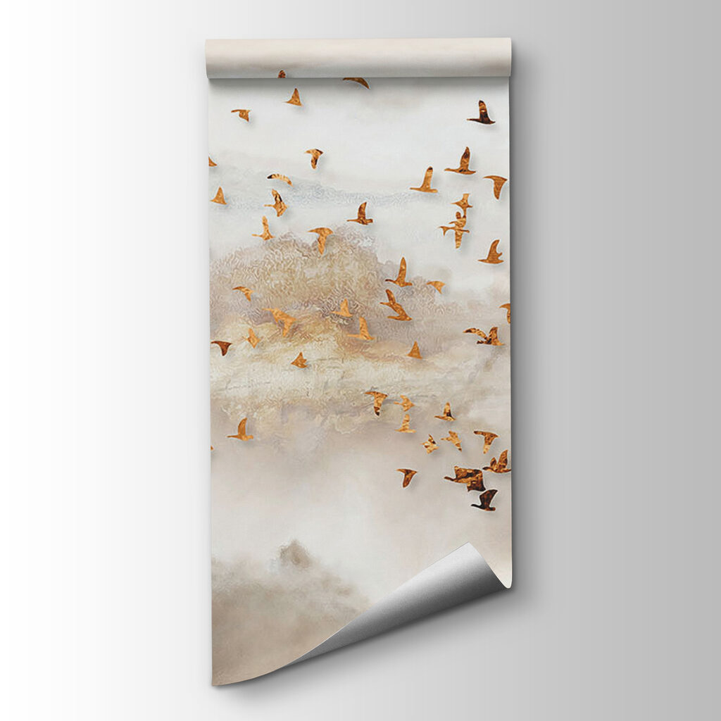 Golden birds over mist — product view