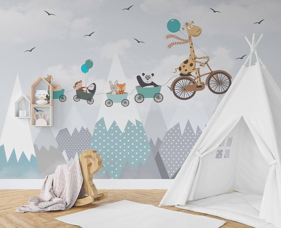 Giraffe cycling above peaks — interior 1