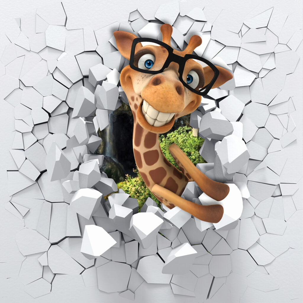 Giraffe behind broken wall — full design