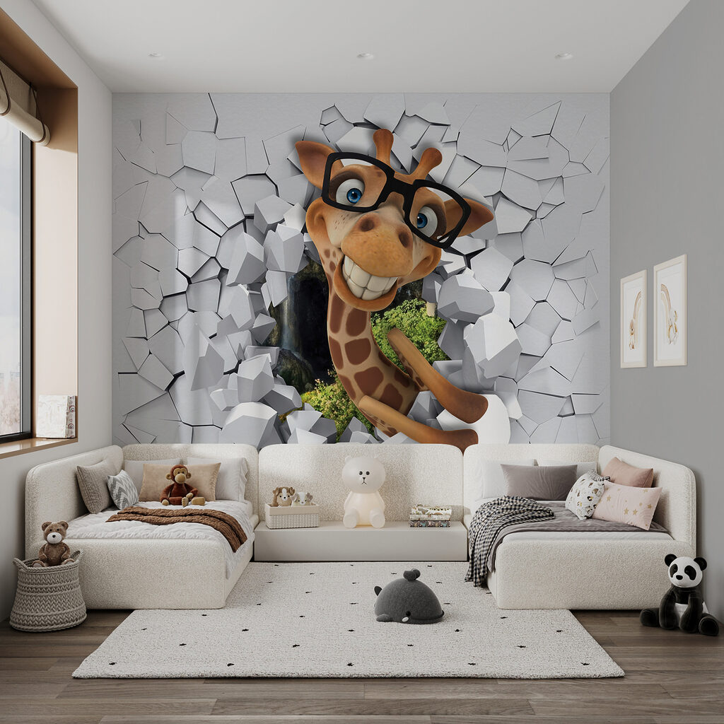 Giraffe behind broken wall — interior 3