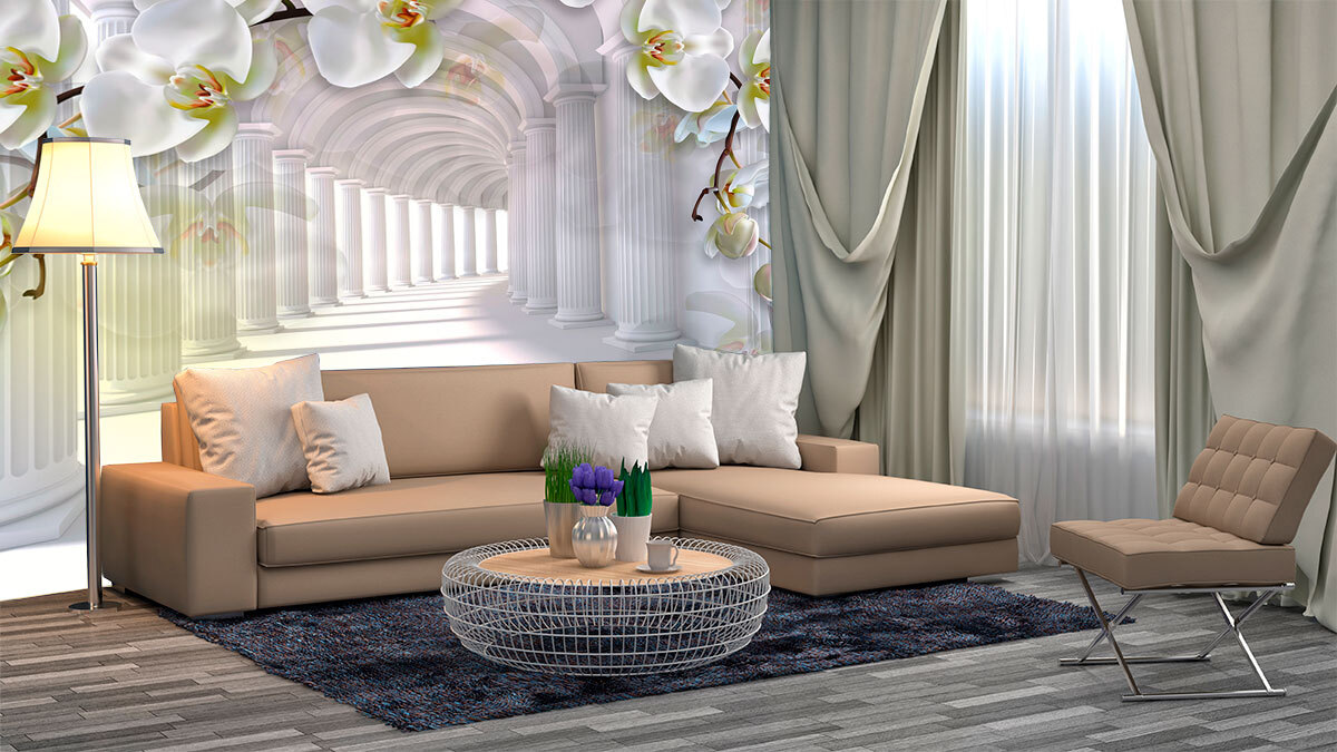 Orchids above white colonnade — interior 1
