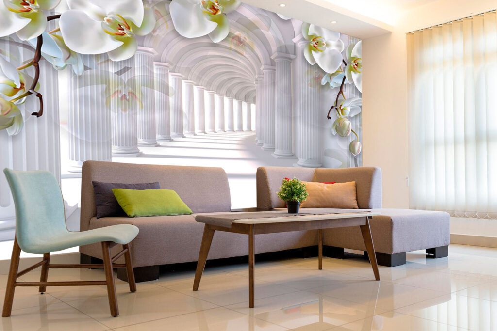 Orchids above white colonnade — interior 3