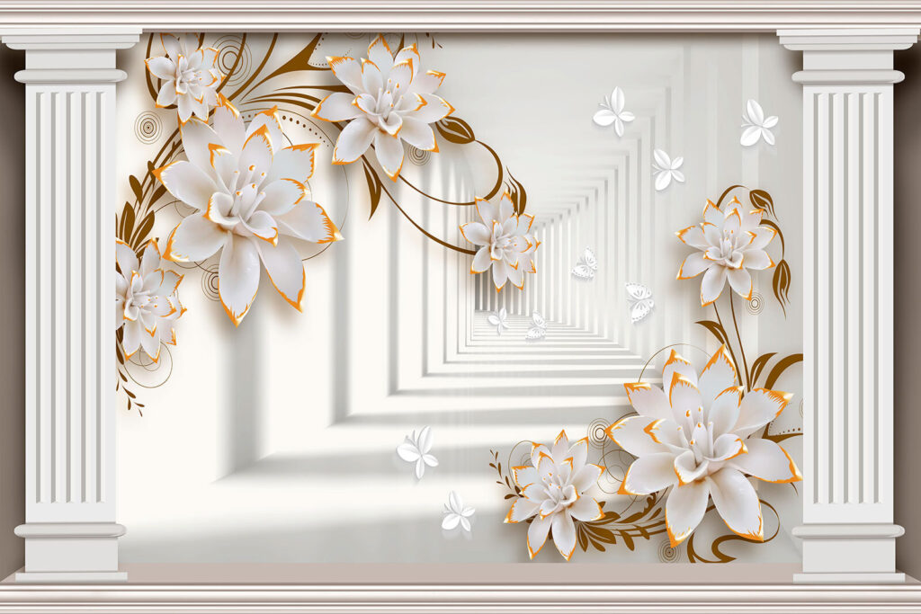 White flowers before columns — full design