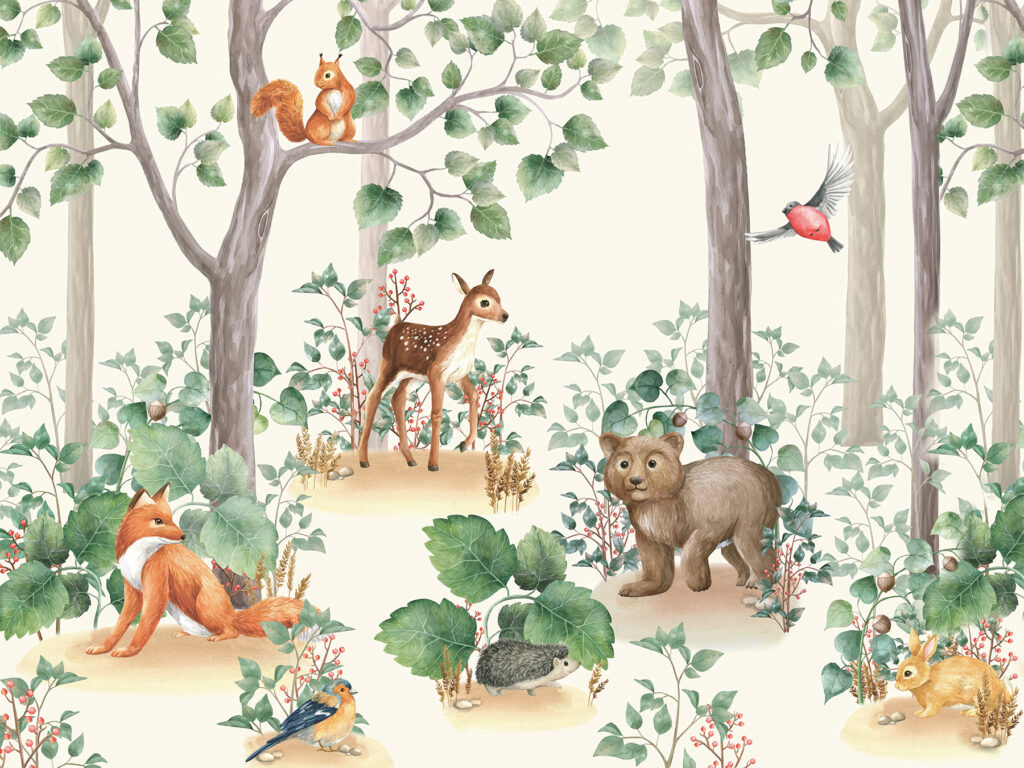 Woodland animals between trees — full design