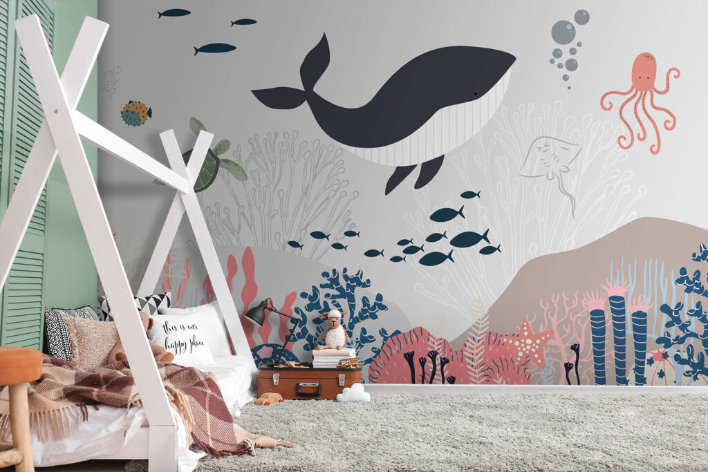 Whale above pastel corals — interior 2