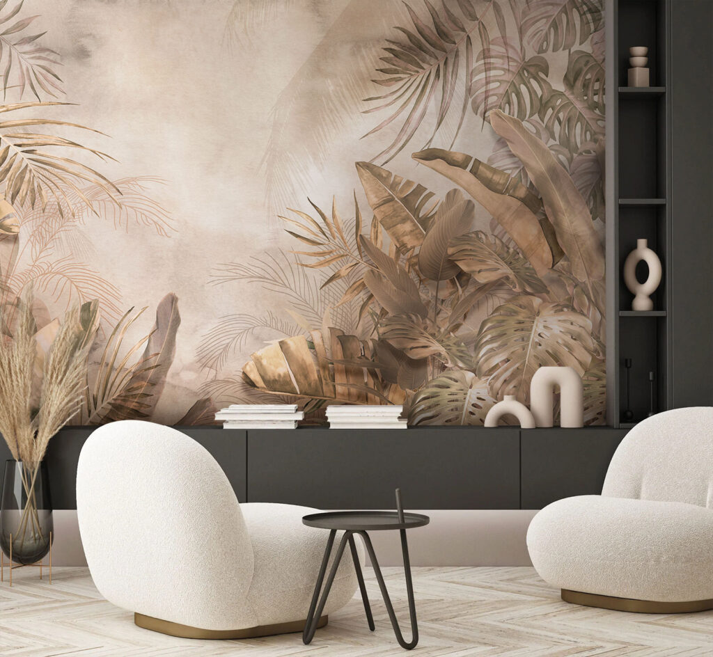 Tropical leaves, peach glow — interior 1