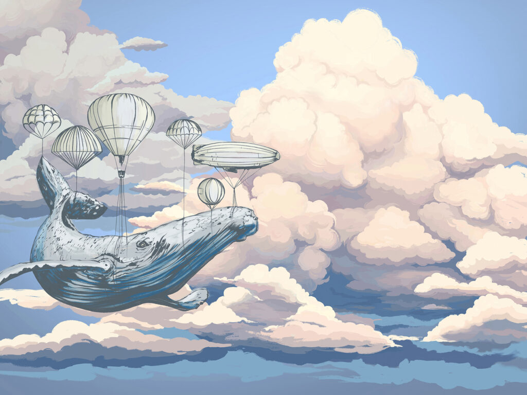 Whale among balloons — full design