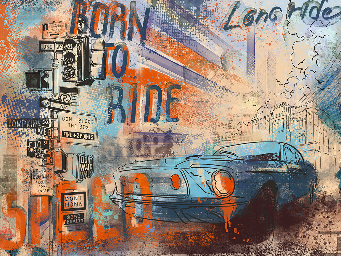 Classic car in collage — full design