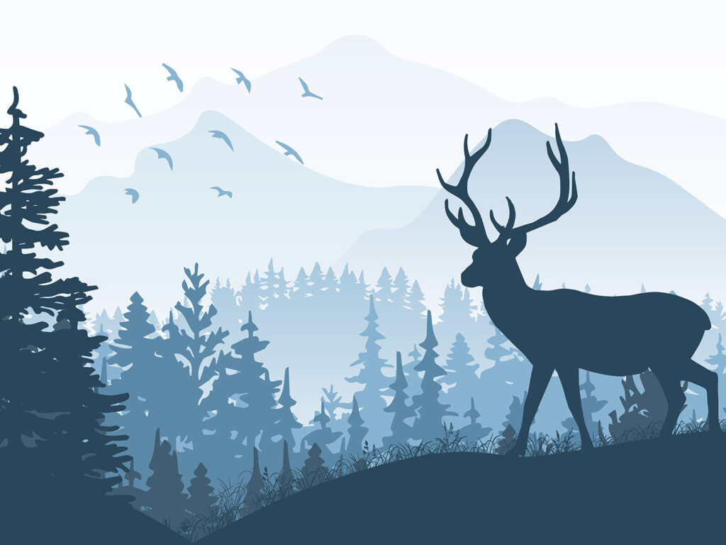 Deer on blue hill — full design