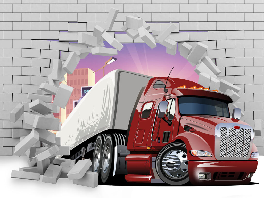 Lorry breaking through brick — full design