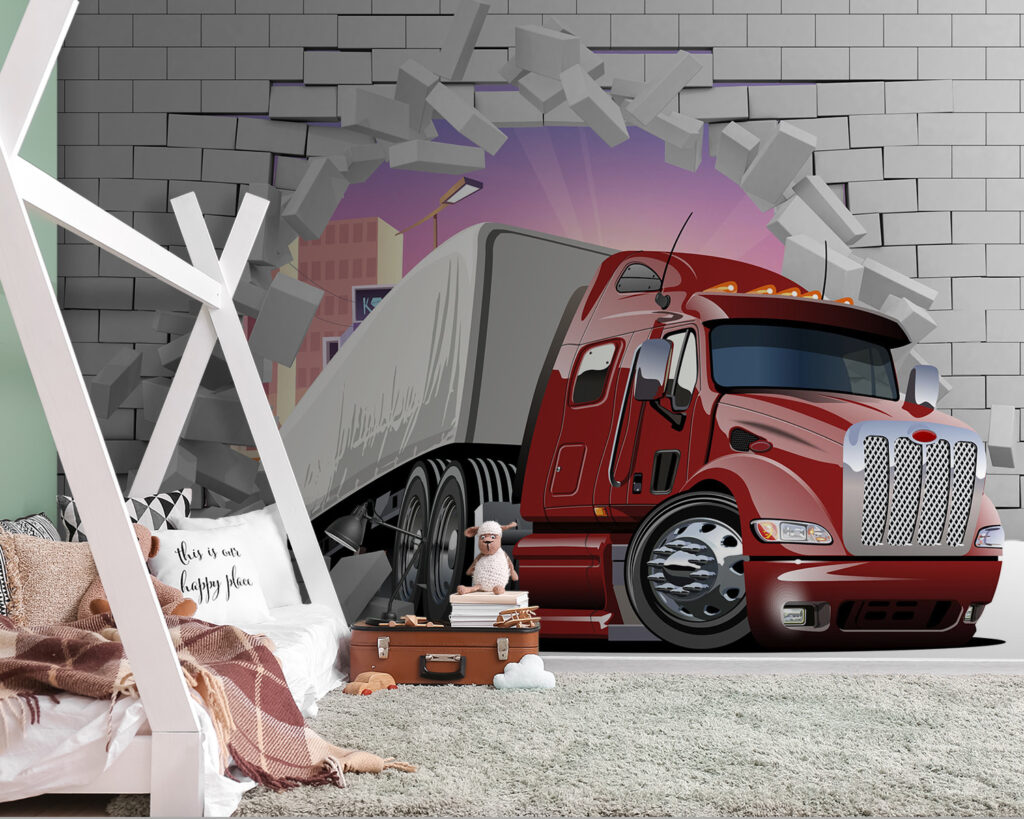 Lorry breaking through brick — interior 1