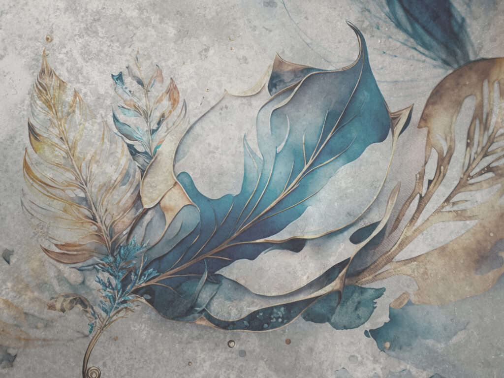 Blue leaves, decorative lines — full design