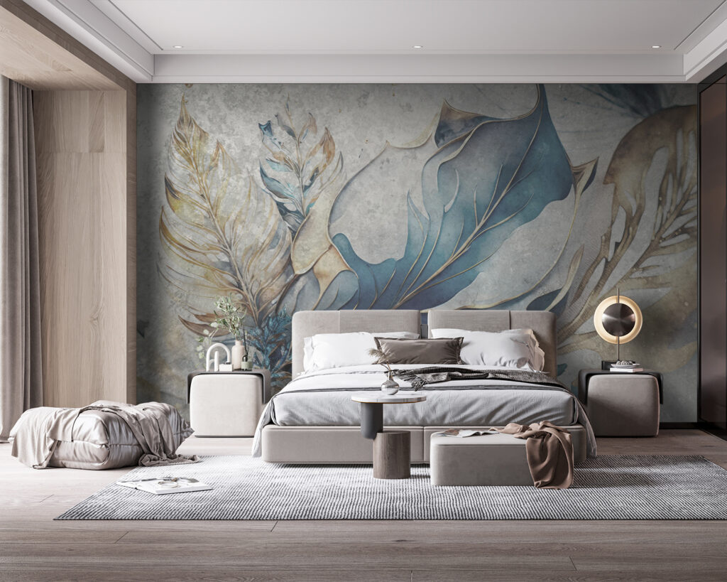 Blue leaves, decorative lines — interior 1