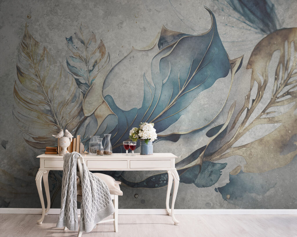 Blue leaves, decorative lines — interior 2