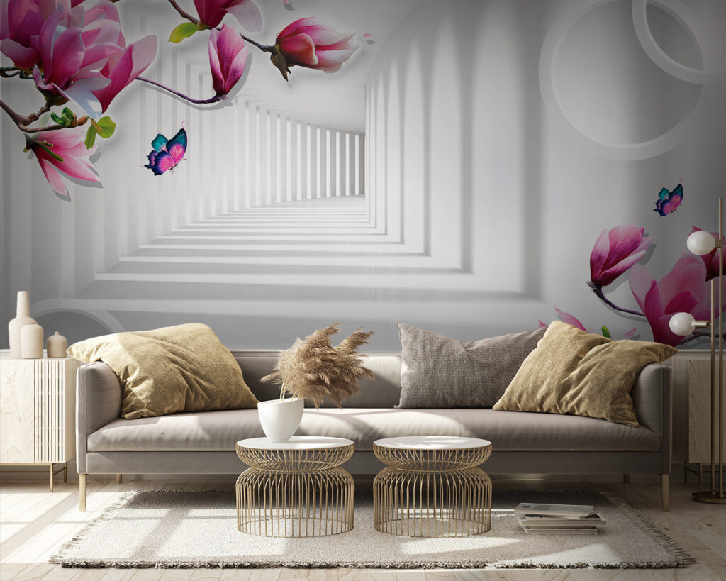 Magnolia in white corridor — interior 1