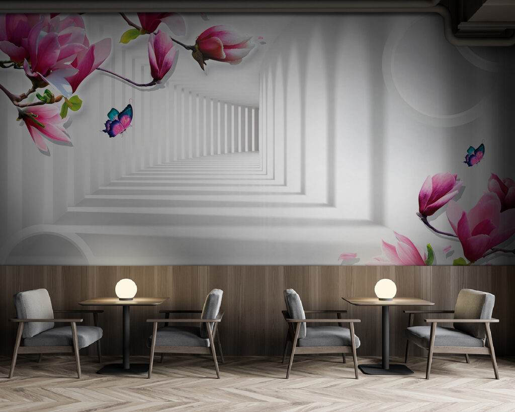 Magnolia in white corridor — interior 3