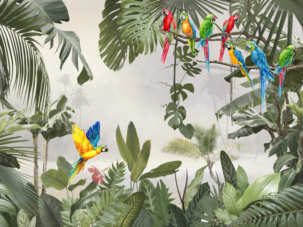 Parrots in light jungle — full design