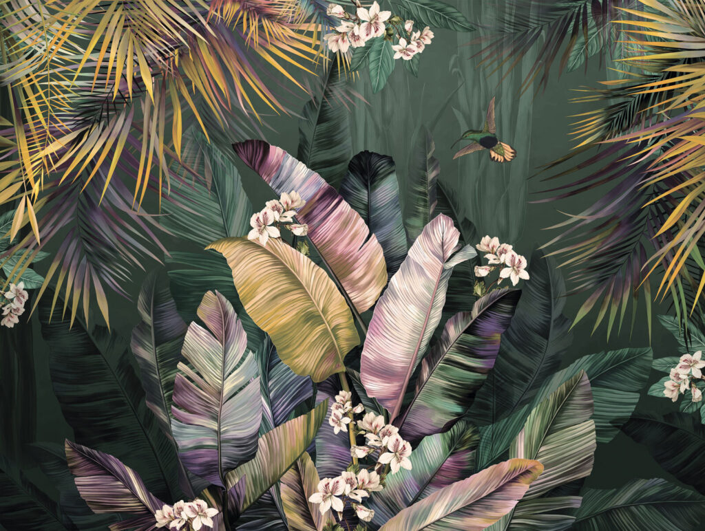 Tropical leaves, light blossom — full design